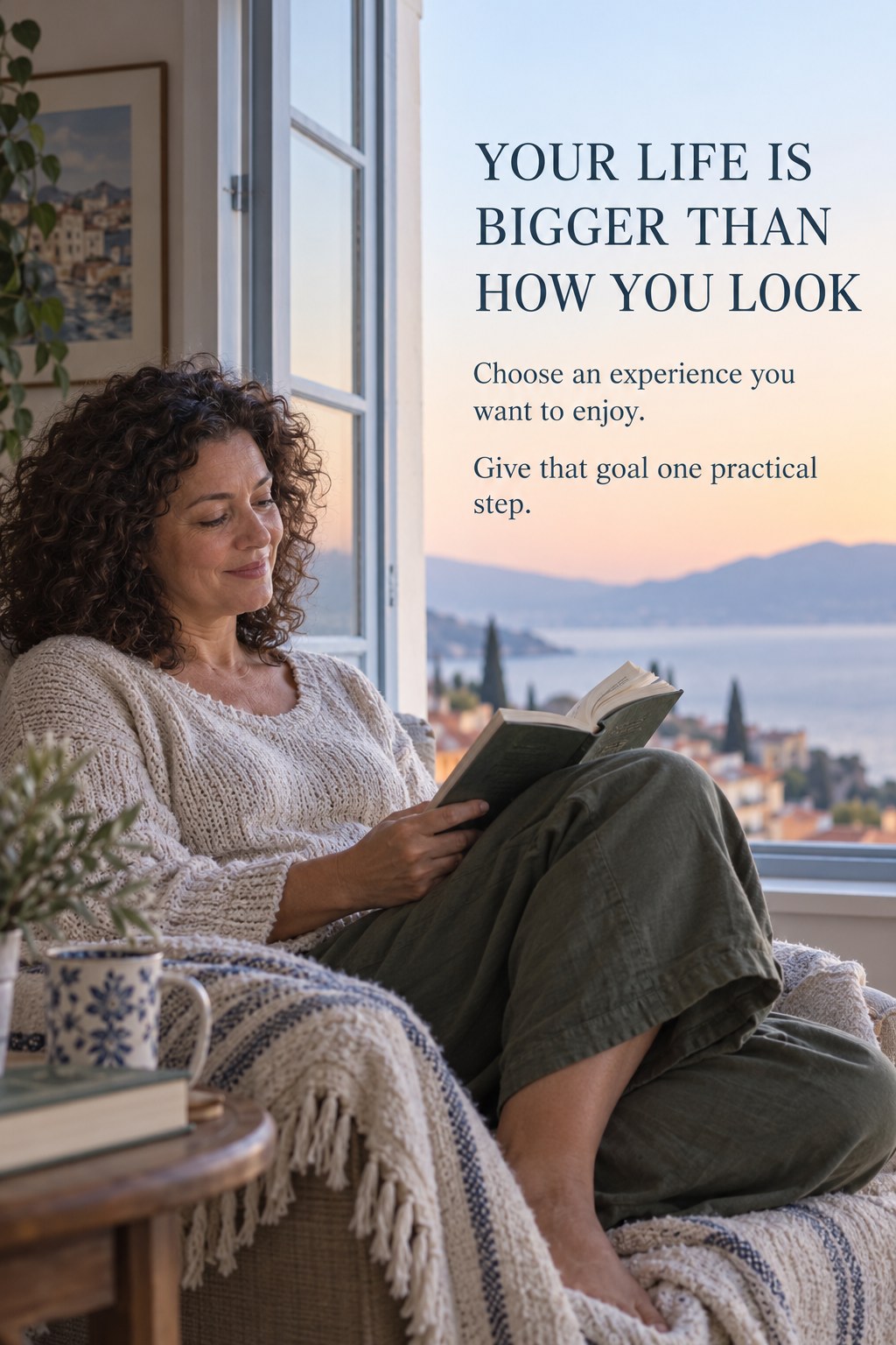 Woman sitting by an open window with a book beside a message about goals beyond appearance.