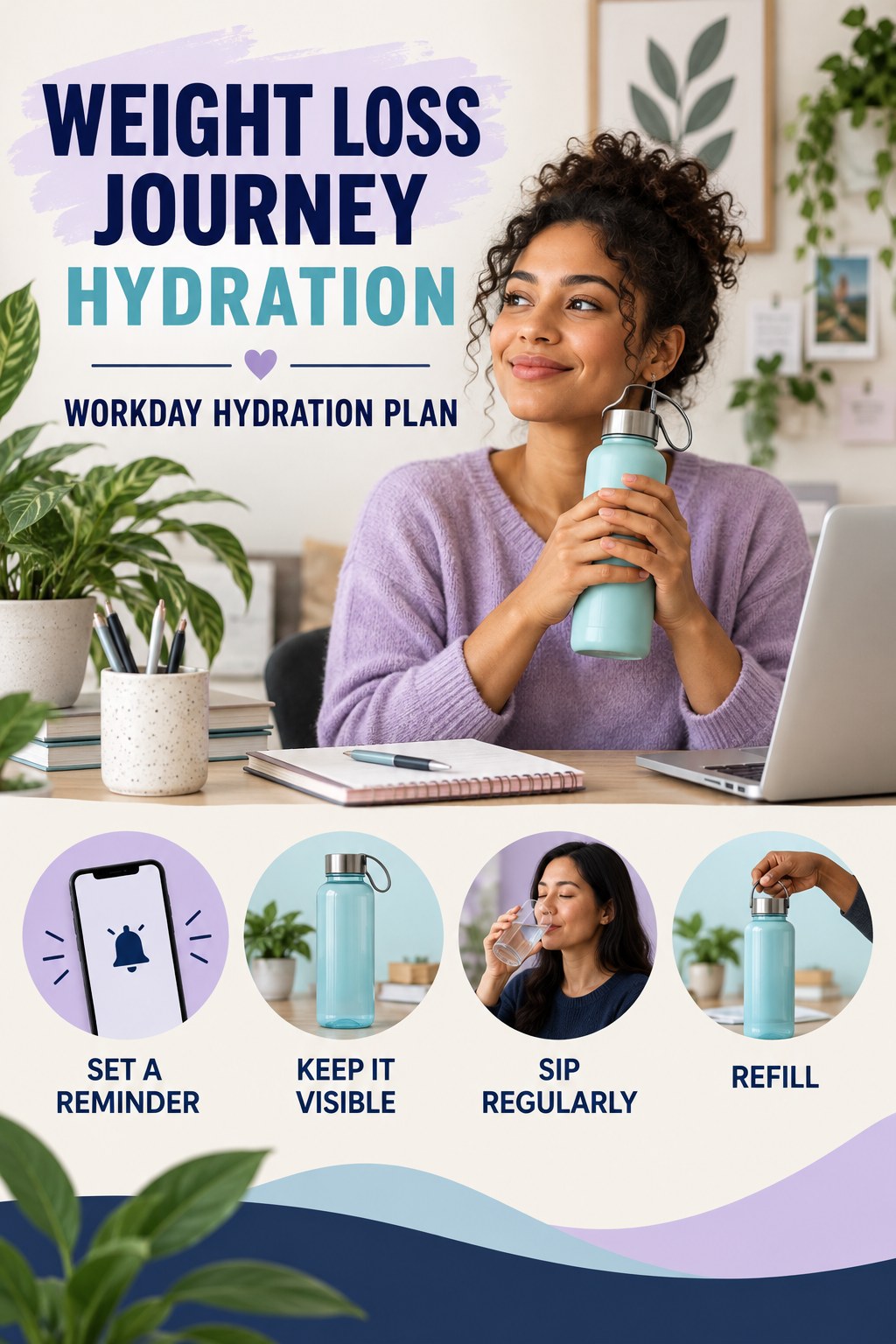 Weight Loss Journey hydration graphic titled Workday Hydration Plan with four flexible water-habit prompts and no fixed intake target.