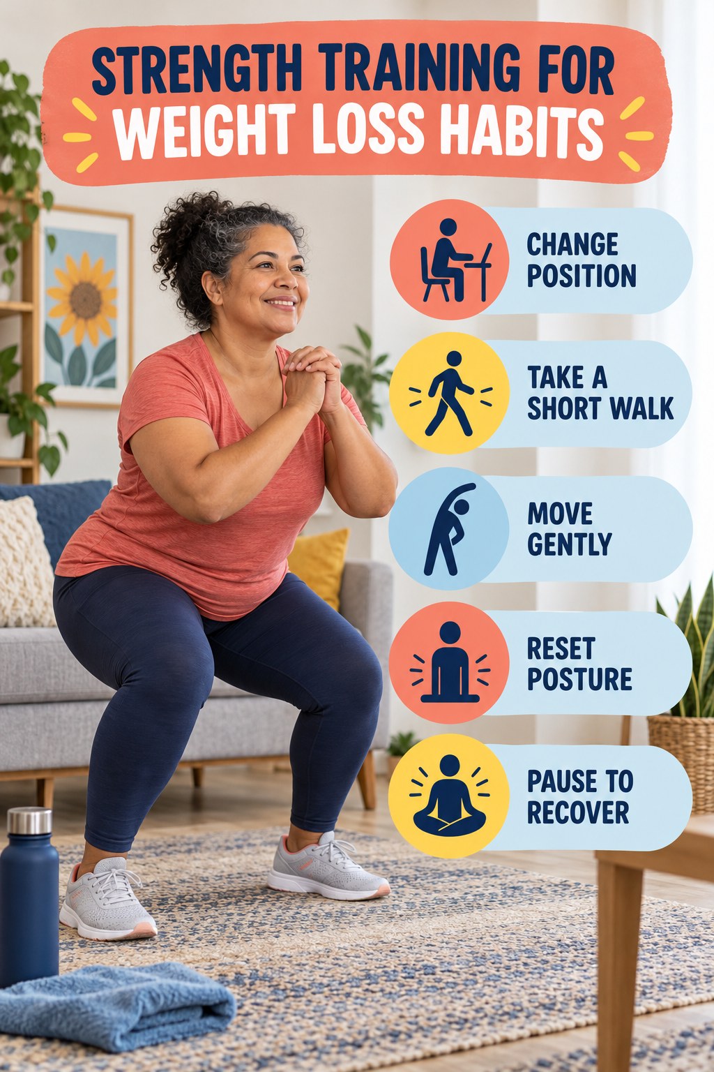 Workday Movement Habits for Strength Training for Weight Loss with five readable habit cues and a realistic board-relevant wellness scene.