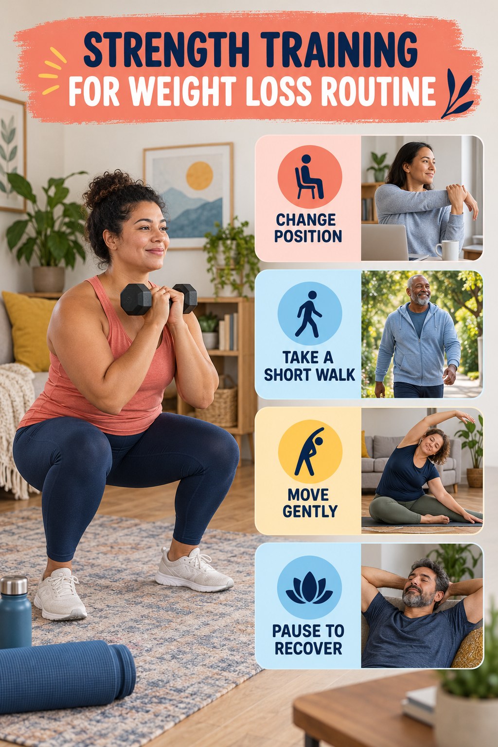 Workday Movement Wellness for Strength Training for Weight Loss with four readable routine cues and a realistic board-relevant wellness scene.