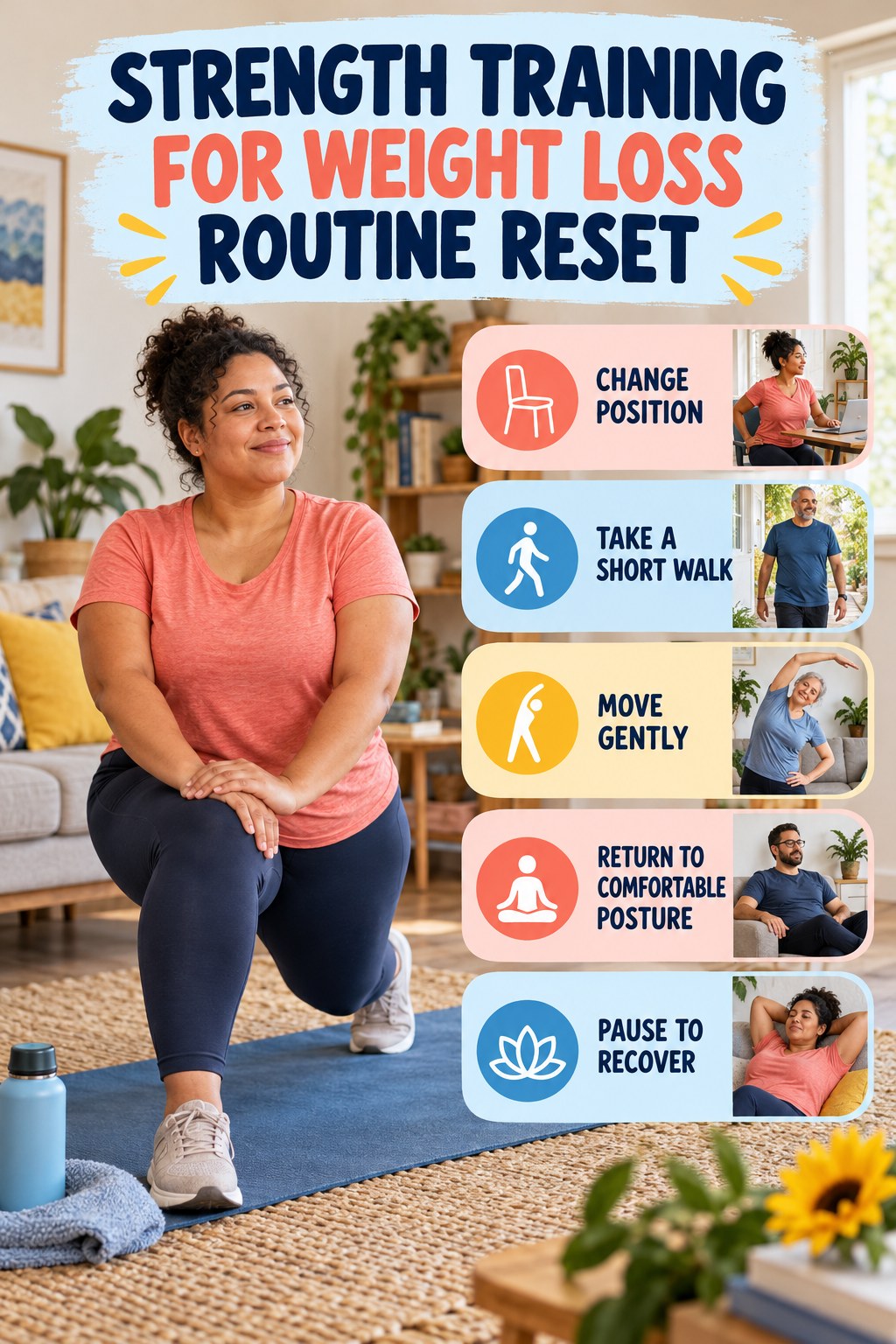Workday strength routine refresh for Strength Training for Weight Loss with five readable routine-reset cues and a realistic movement scene.