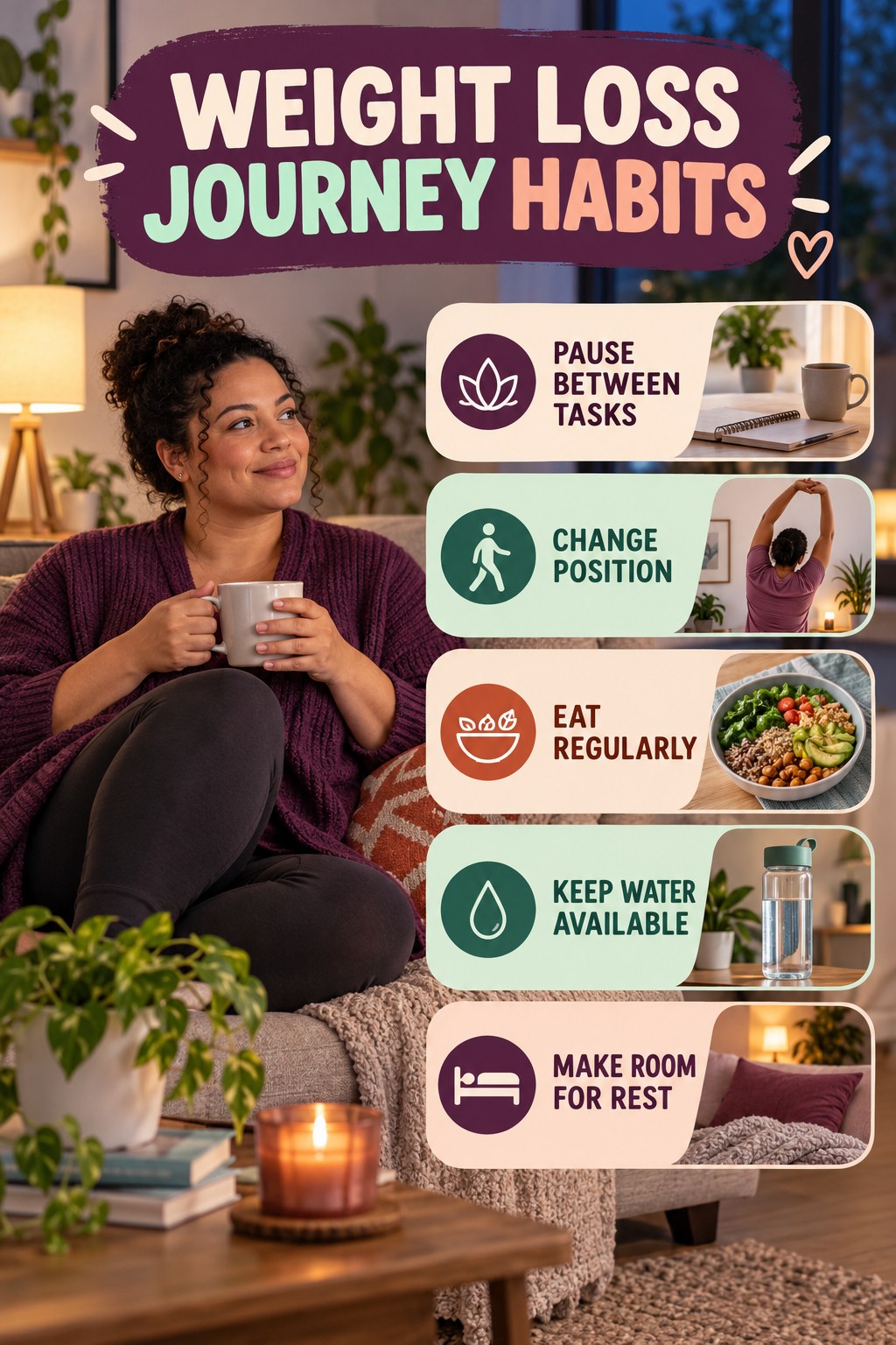 Workday Wellness Habits for Weight Loss Journey with five readable habit cues and a realistic board-relevant wellness scene.