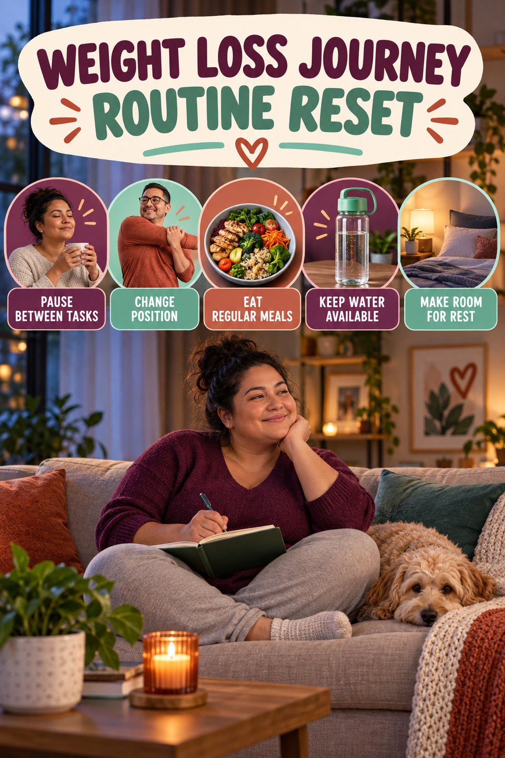 Workday Wellness Reset for Weight Loss Journey with five readable routine-reset cues and a realistic board-relevant wellness scene.