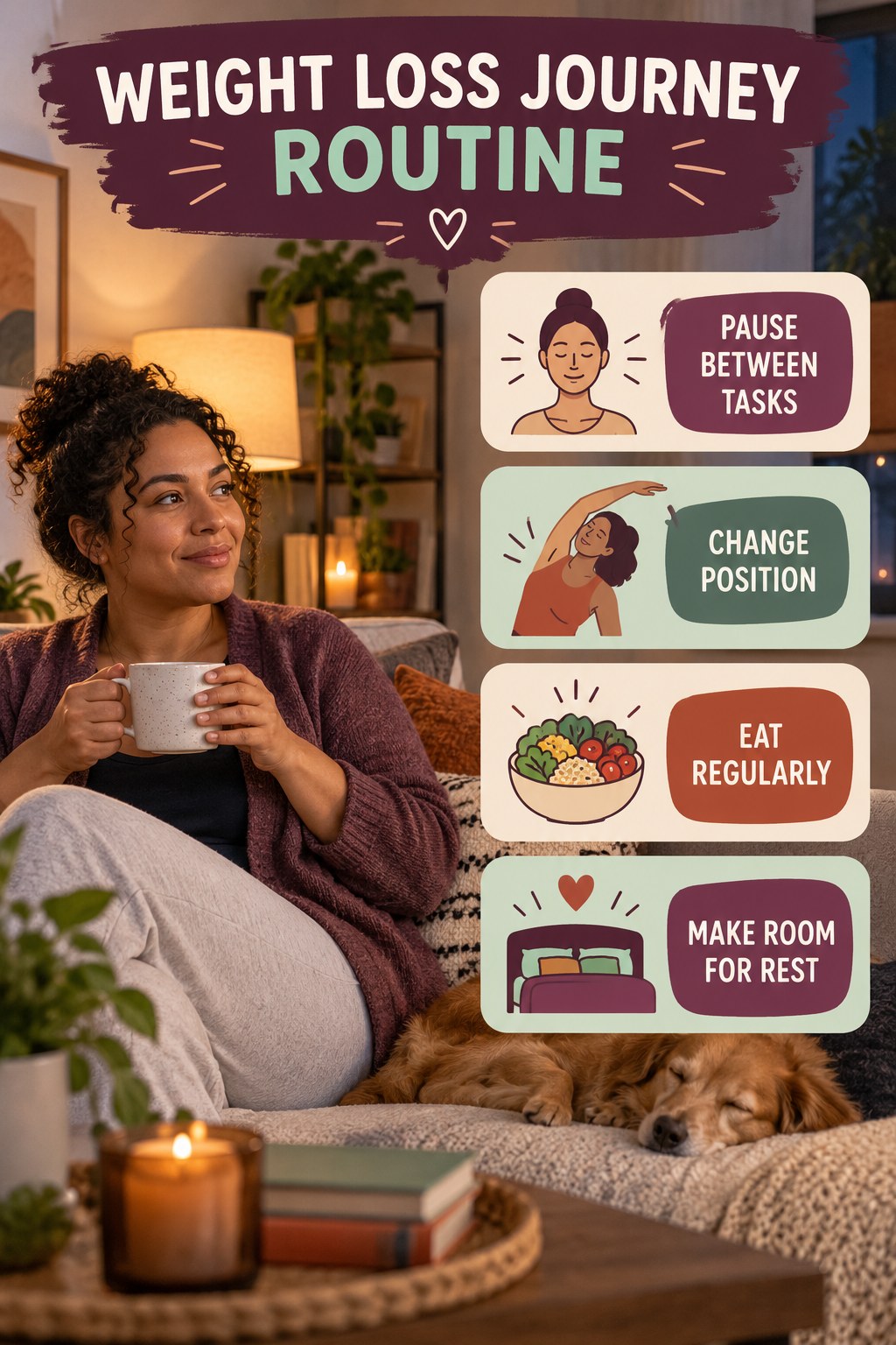 Workday Wellness Routine for Weight Loss Journey with four readable routine cues and a realistic board-relevant wellness scene.
