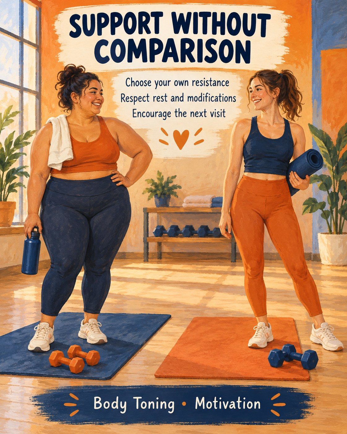 Two friends with different builds standing beside their separate workout mats and weights, smiling comfortably.