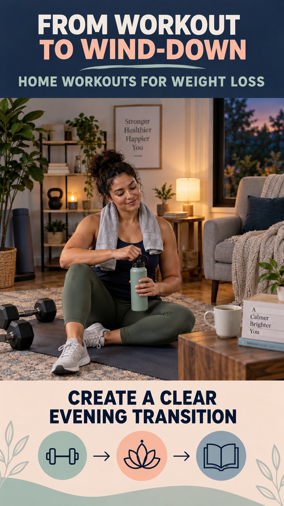 Workout-to-Bedtime Transition infographic for Home Workouts for Weight Loss, showing a flexible and calming evening wellness routine.