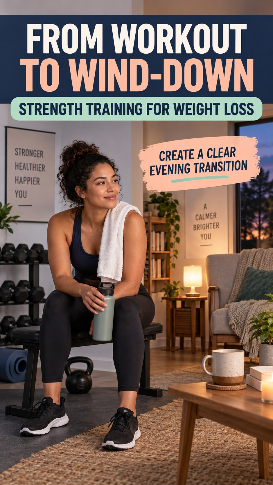 Workout-to-Bedtime Transition infographic for Strength Training for Weight Loss, showing a flexible and calming evening wellness routine.