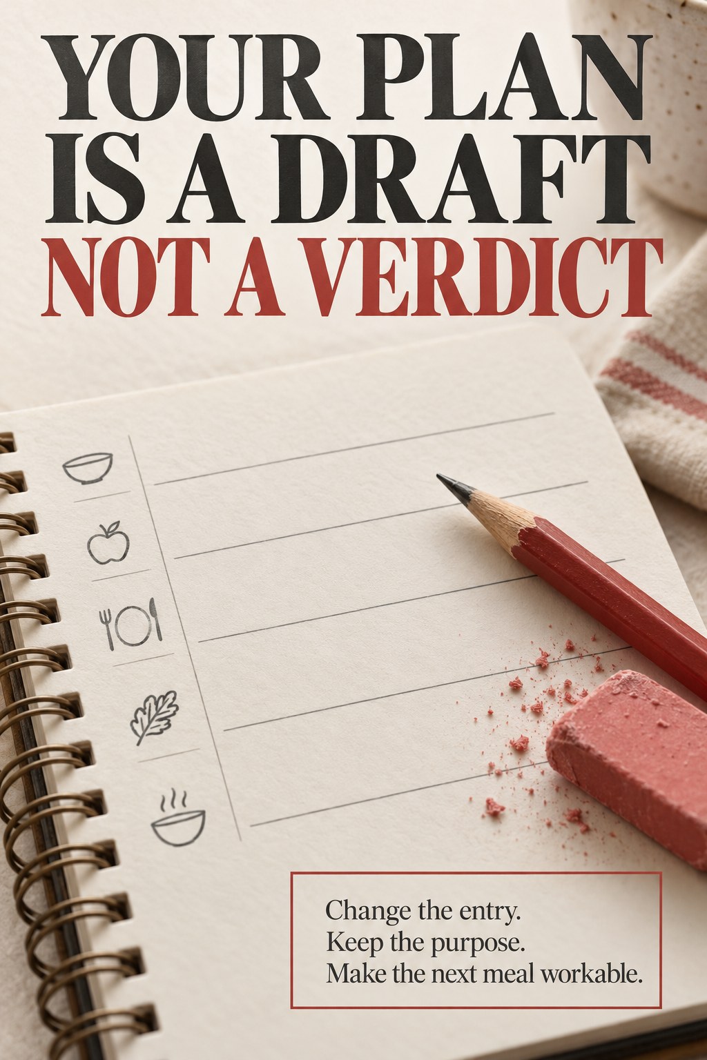 A pencil and eraser on a blank lined meal-planning notebook beside an editable-plan reminder.