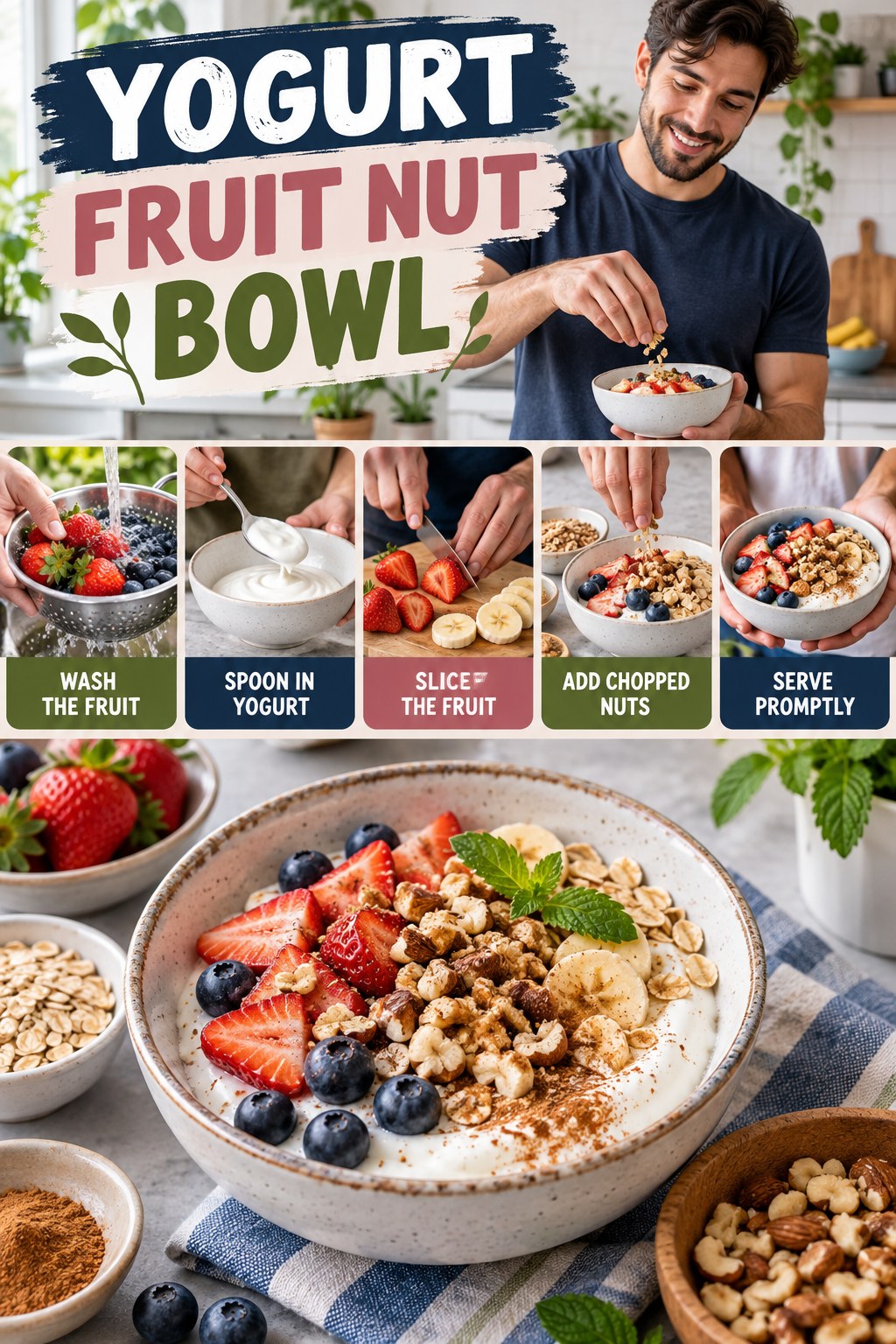 Yogurt Fruit Nut Bowl for Weight Loss for Men with five readable preparation cues and a realistic finished dish.