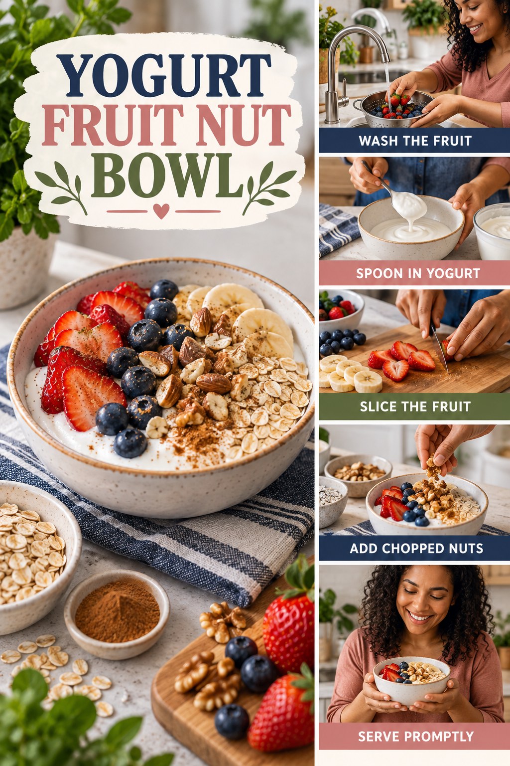 Yogurt Fruit Nut Bowl for Weight Loss Tips with five readable preparation cues and a realistic finished dish.
