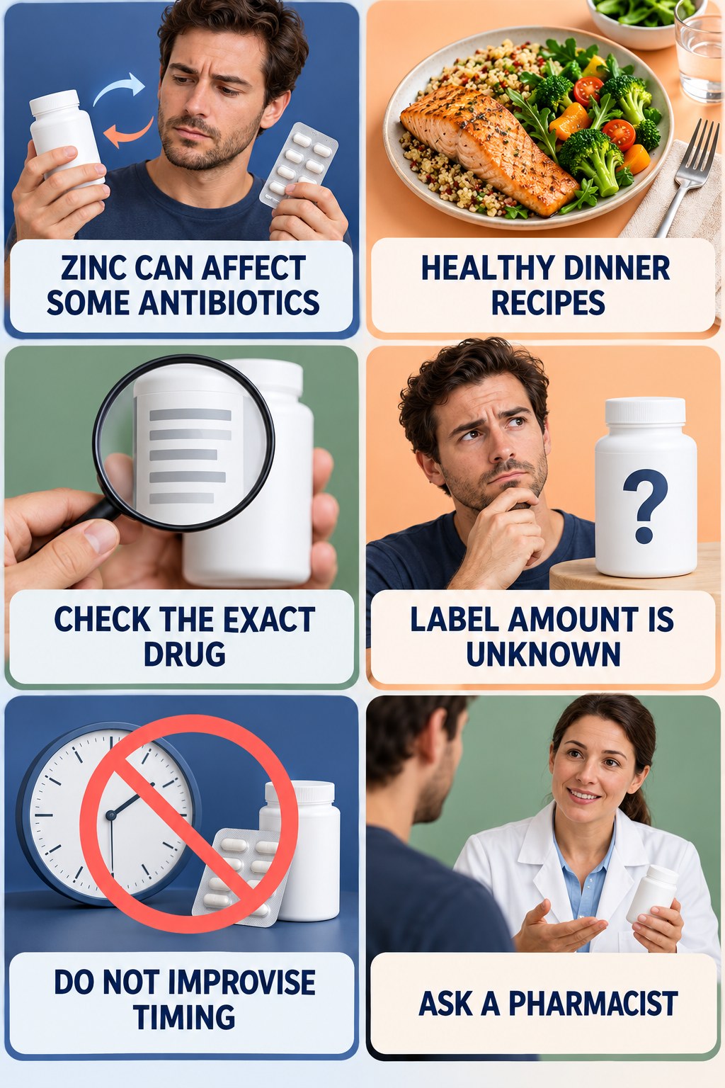 Zinc and Antibiotic Absorption Questions supplement-interaction safety infographic for Healthy Dinner Recipes with four concise review points.
