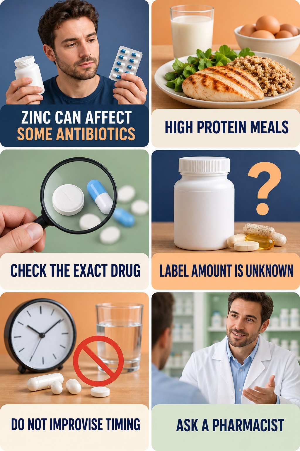 Zinc and Antibiotic Absorption Questions supplement-interaction safety infographic for High Protein Meals with four concise review points.