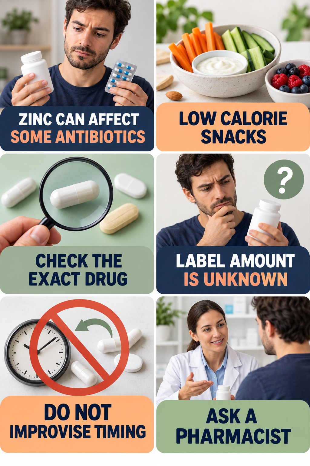 Zinc and Antibiotic Absorption Questions supplement-interaction safety infographic for Low Calorie Snacks with four concise review points.