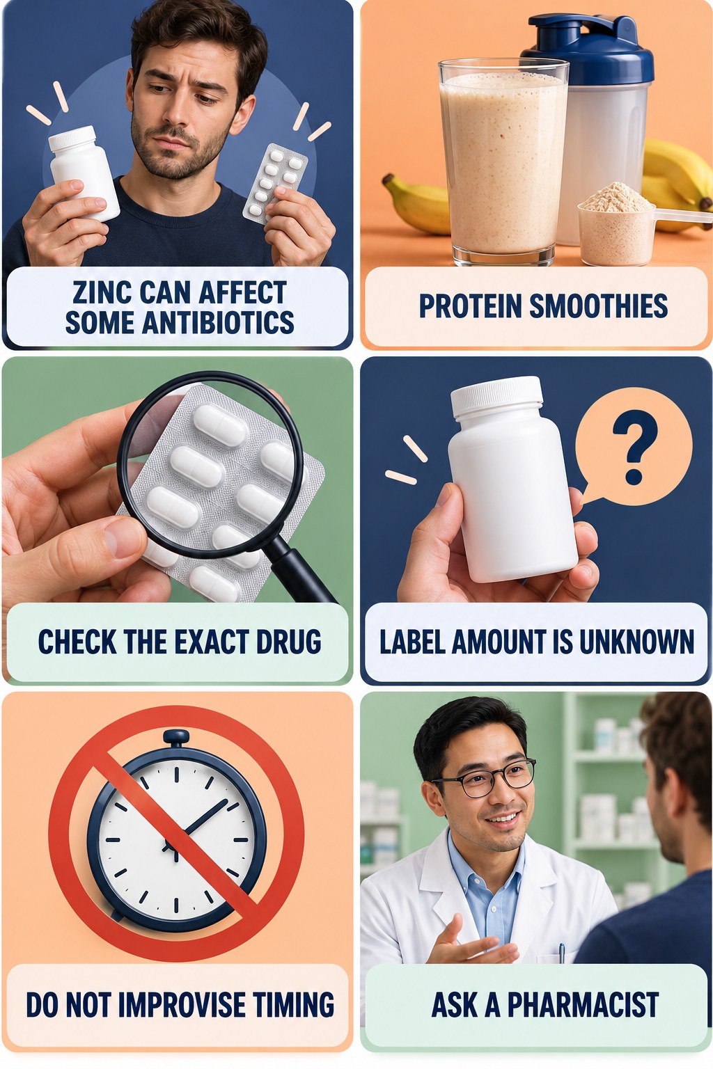 Zinc and Antibiotic Absorption Questions supplement-interaction safety infographic for Protein Smoothies with four concise review points.