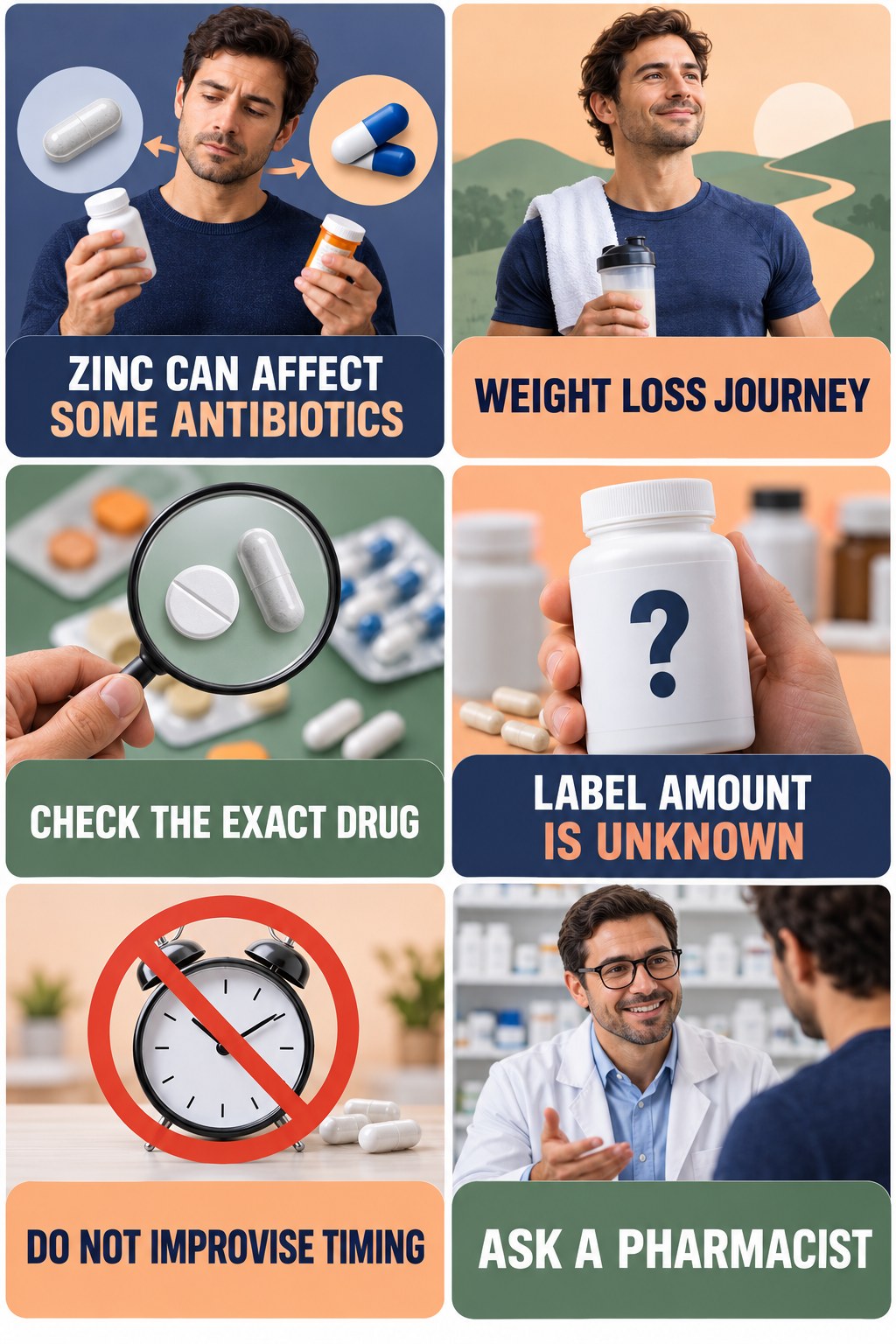 Zinc and Antibiotic Absorption Questions supplement-interaction safety infographic for Weight Loss Journey with four concise review points.