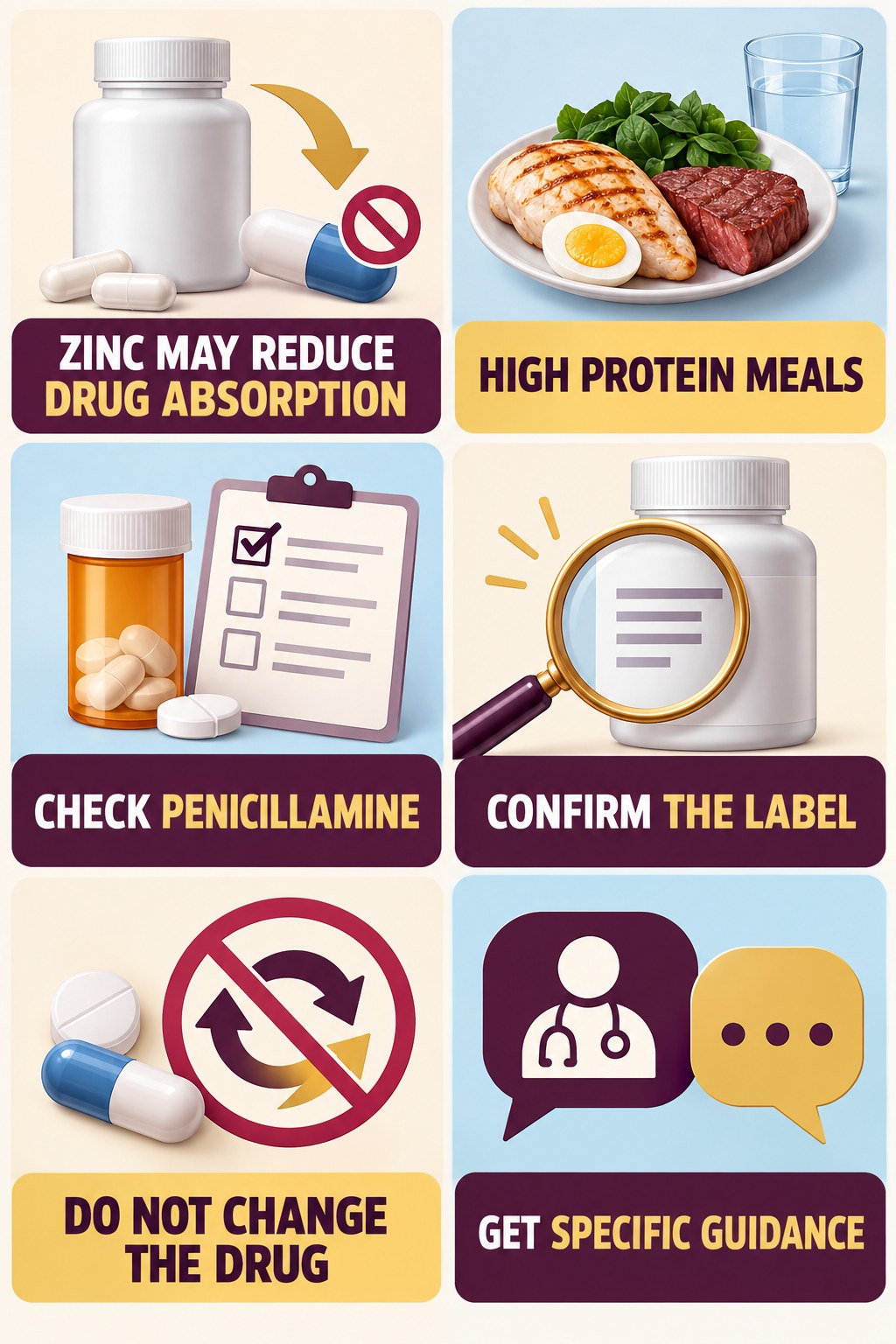 Zinc and Penicillamine Interaction Review supplement-interaction safety infographic for High Protein Meals with four concise review points.