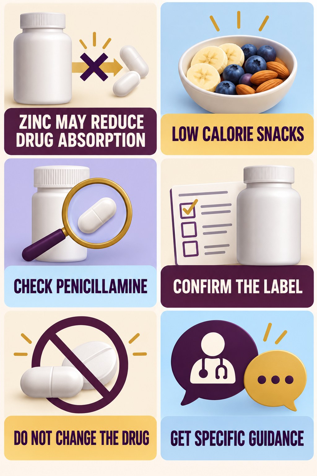 Zinc and Penicillamine Interaction Review supplement-interaction safety infographic for Low Calorie Snacks with four concise review points.