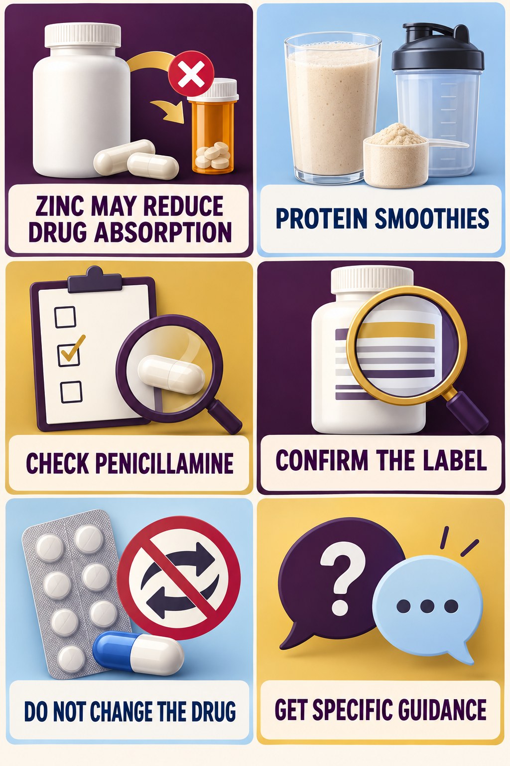 Zinc and Penicillamine Interaction Review supplement-interaction safety infographic for Protein Smoothies with four concise review points.