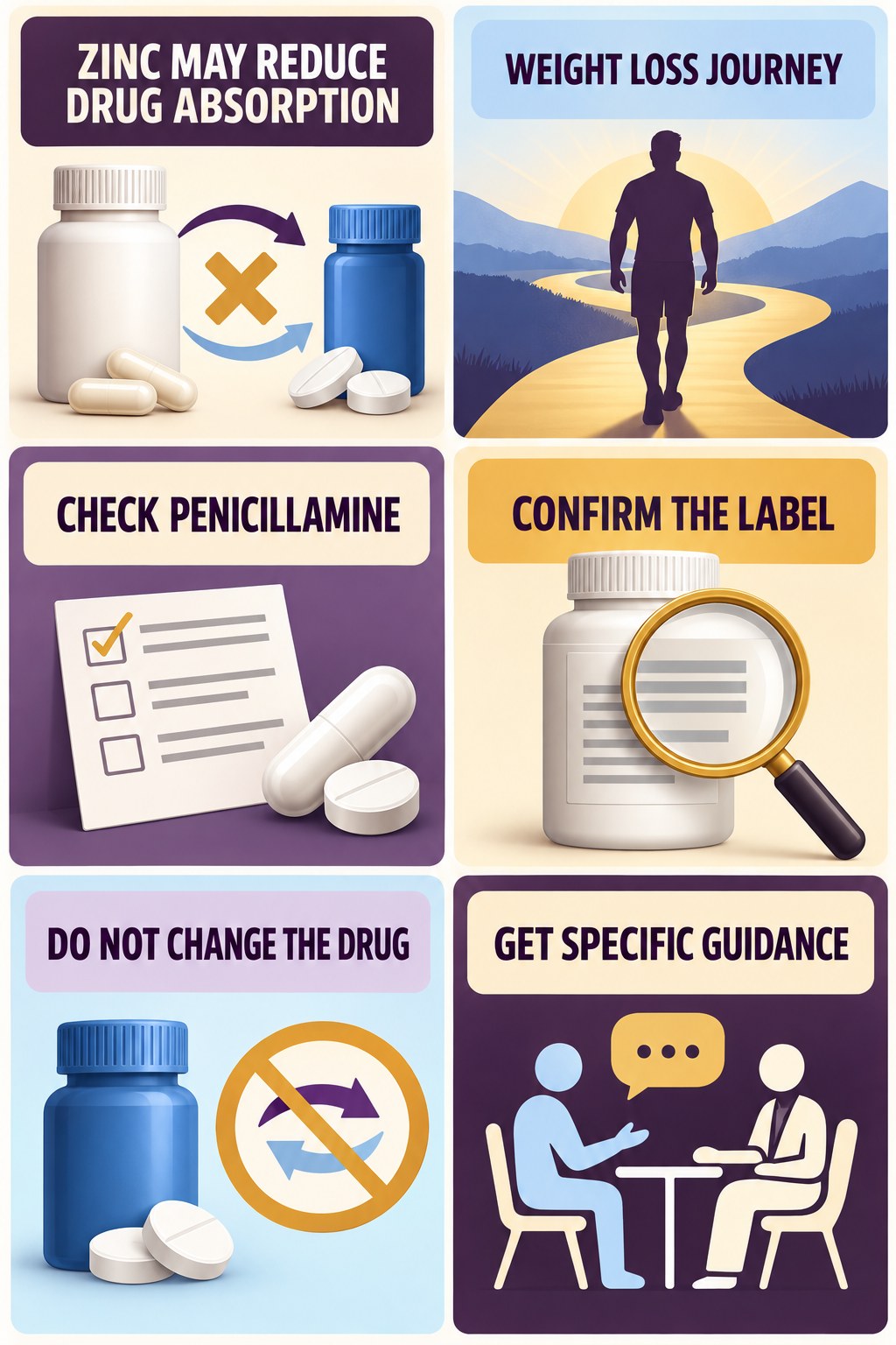 Zinc and Penicillamine Interaction Review supplement-interaction safety infographic for Weight Loss Journey with four concise review points.