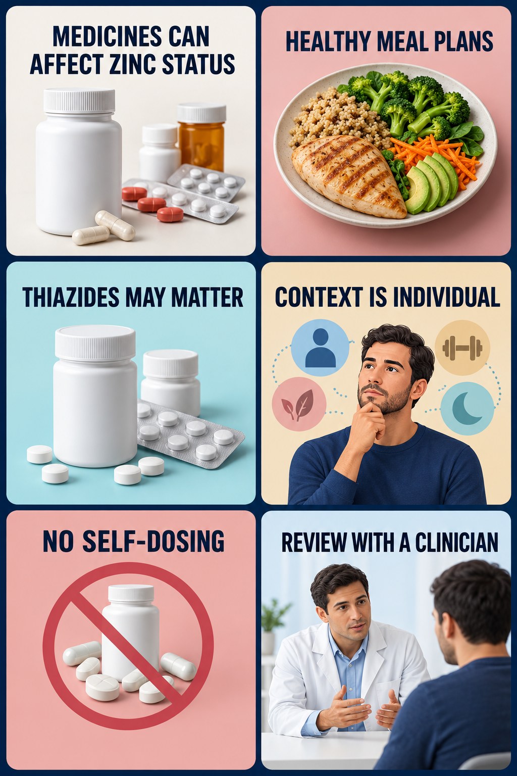 Zinc With Long-Term Thiazide Context supplement-interaction safety infographic for Healthy Meal Plans with four concise review points.