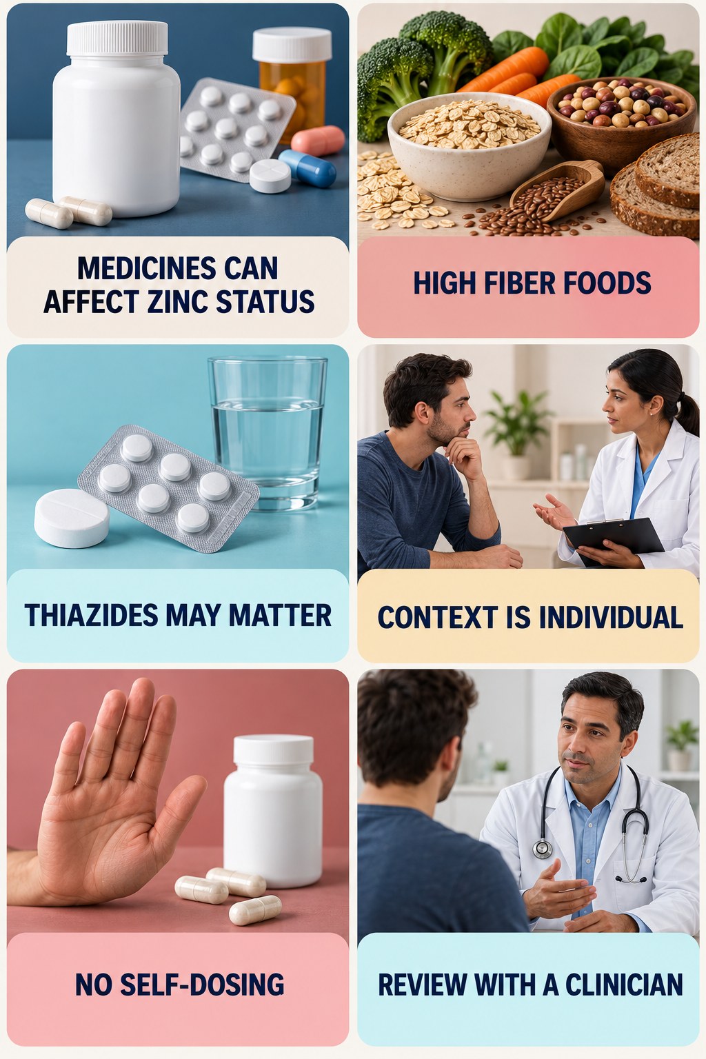 Zinc With Long-Term Thiazide Context supplement-interaction safety infographic for High Fiber Foods with four concise review points.