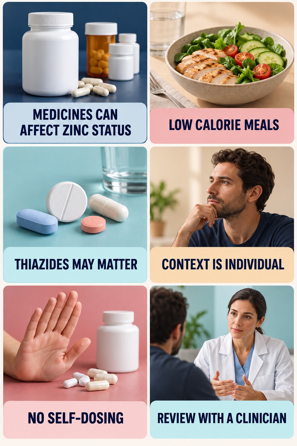 Zinc With Long-Term Thiazide Context supplement-interaction safety infographic for Low Calorie Meals with four concise review points.