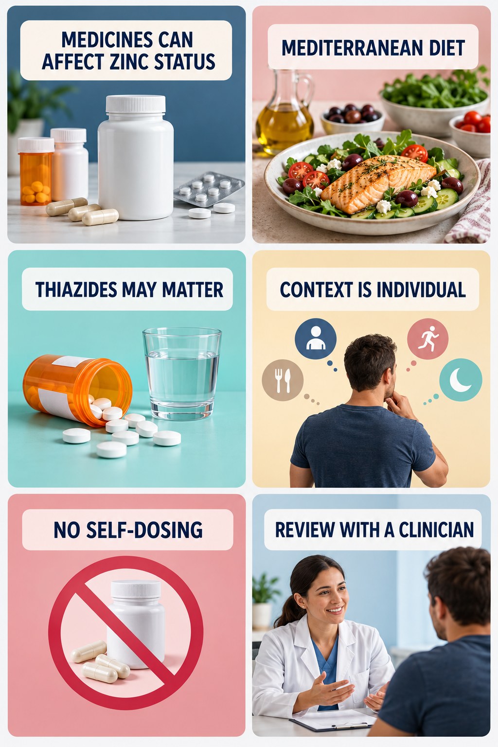 Zinc With Long-Term Thiazide Context supplement-interaction safety infographic for Mediterranean Diet with four concise review points.