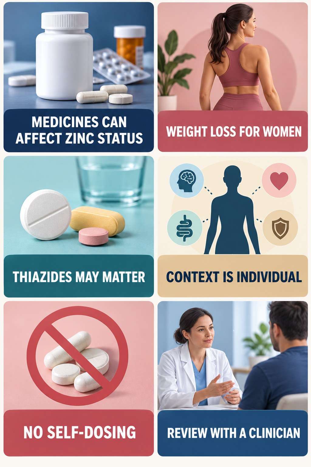Zinc With Long-Term Thiazide Context supplement-interaction safety infographic for Weight Loss for Women with four concise review points.