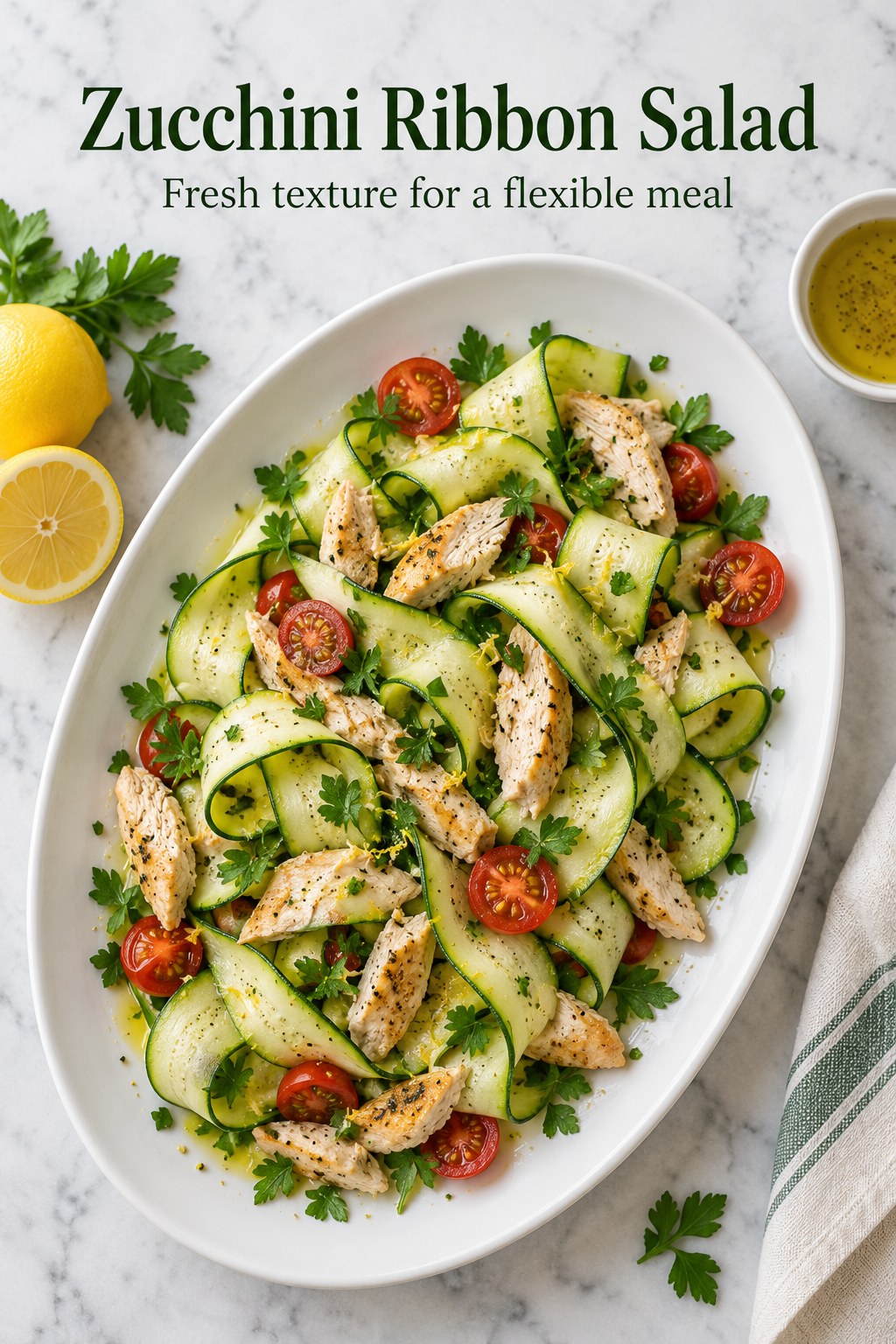 Thin zucchini ribbons with cooked chicken and lemon herb dressing on a white platter.